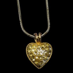 Puffy Heart Charm Necklace with Pavé Set Clear Stones in Yellow Gold Setting